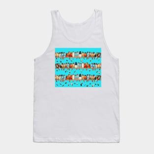 A PERCH OF COLORFUL BIRDS AND FLYING FEATHERS IN BLUE SKY Tank Top